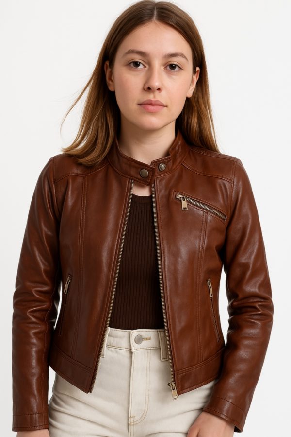 New Brown Motorcycle Leather Jacket for Women - Image 2