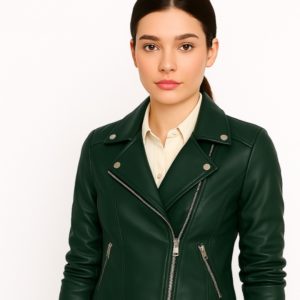 New Women Leather Green Biker Jacket