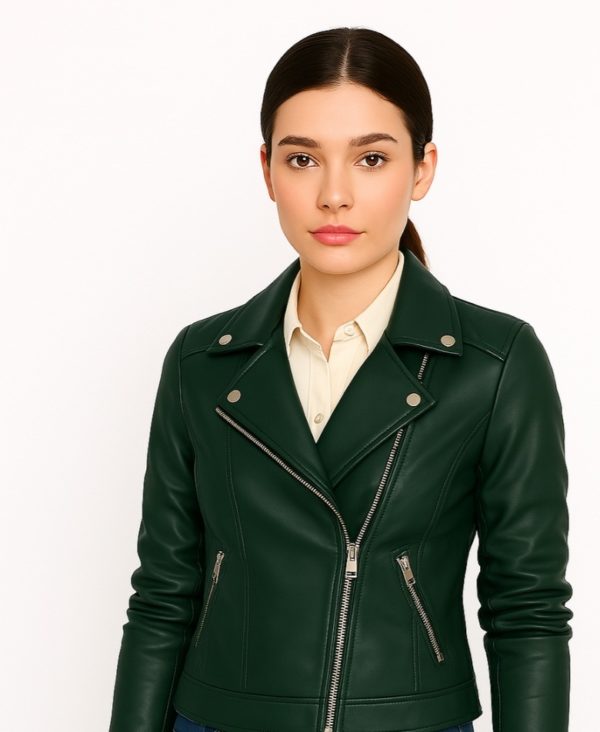 New Women Leather Green Biker Jacket