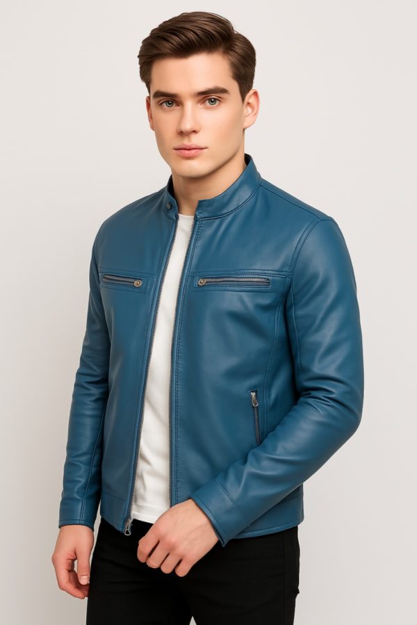 New Men Blue Leather Biker Jacket - Image 2