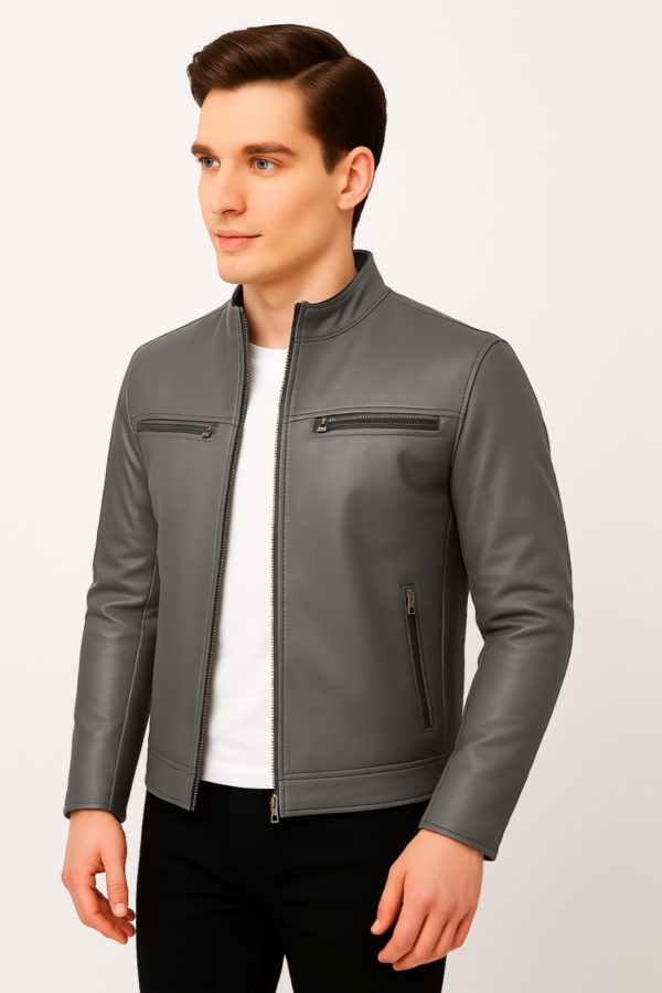 New Men Blue Leather Biker Jacket - Image 14