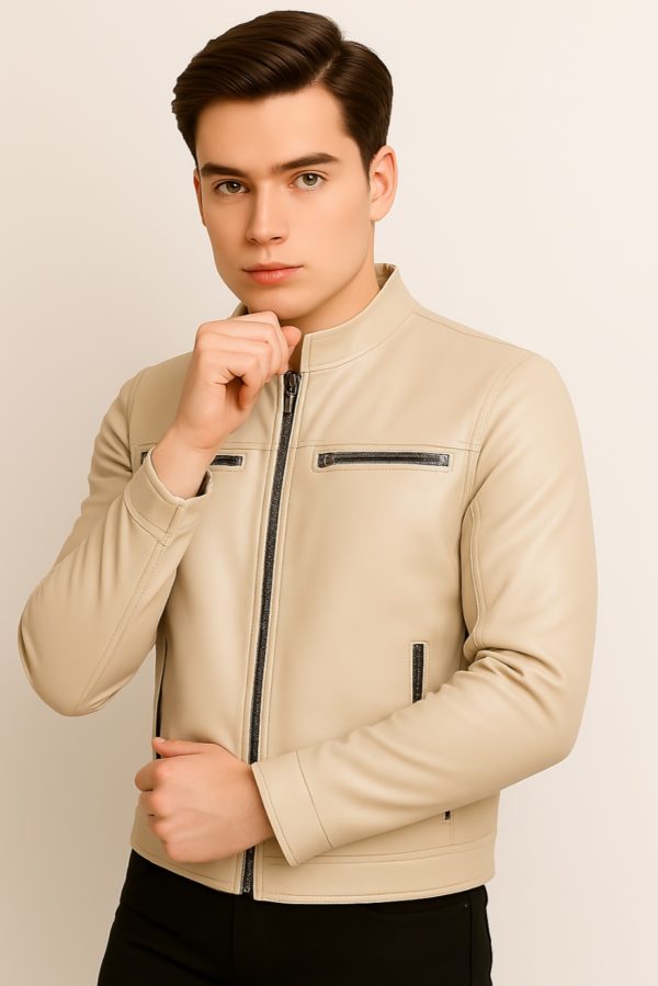 New Men Blue Leather Biker Jacket - Image 15