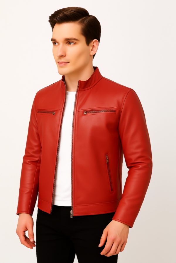 New Men Blue Leather Biker Jacket - Image 16