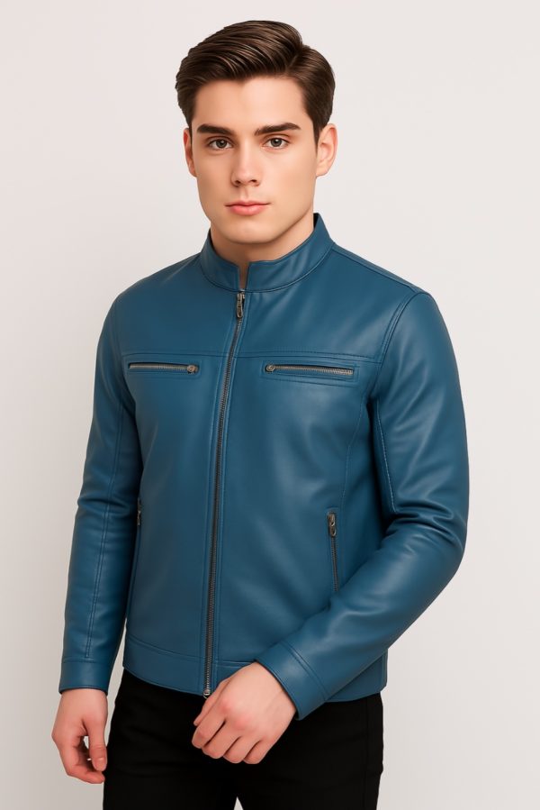 New Men Blue Leather Biker Jacket - Image 3