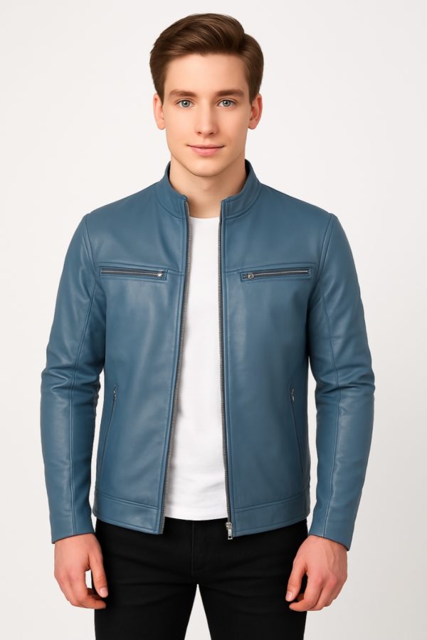 New Men Blue Leather Biker Jacket - Image 4