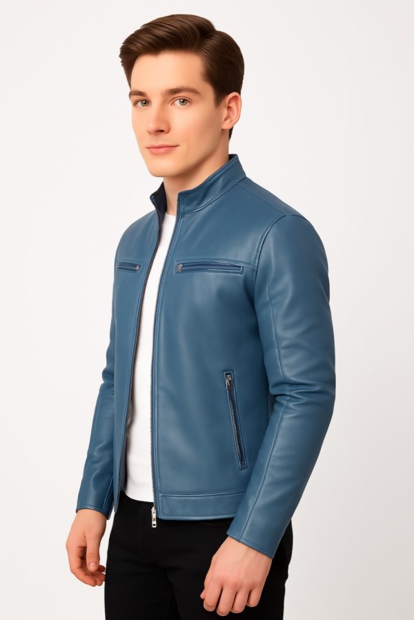 New Men Blue Leather Biker Jacket - Image 6