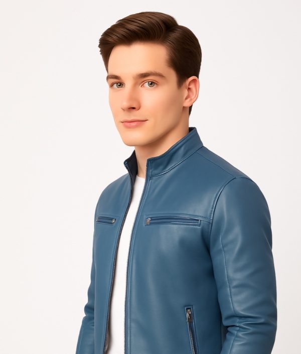 New Men Blue Leather Biker Jacket