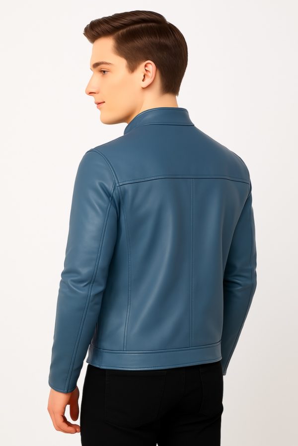 New Men Blue Leather Biker Jacket - Image 7
