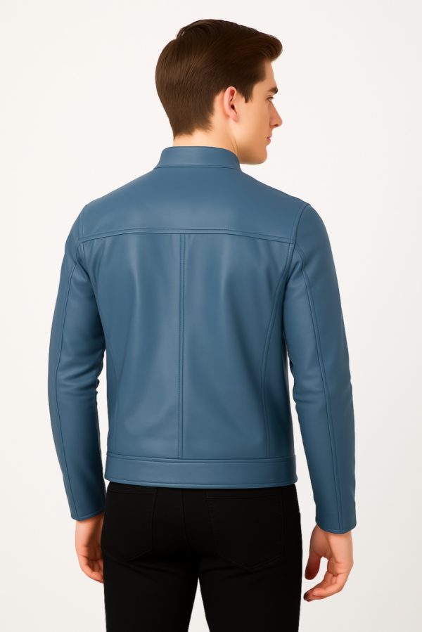 New Men Blue Leather Biker Jacket - Image 8