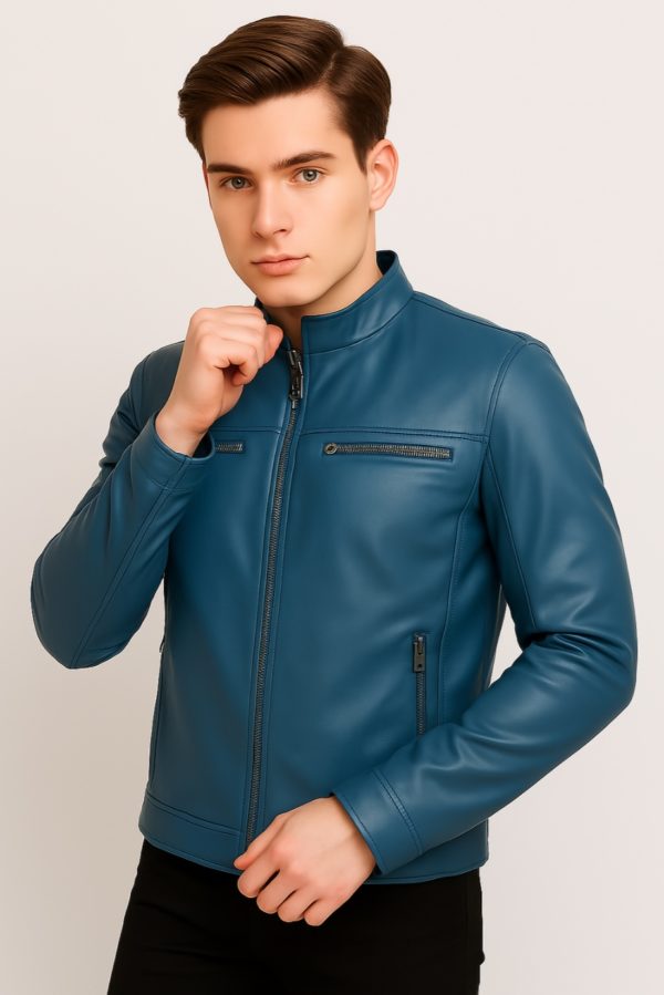 New Men Blue Leather Biker Jacket - Image 9