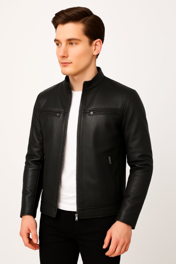 New Men Blue Leather Biker Jacket - Image 11