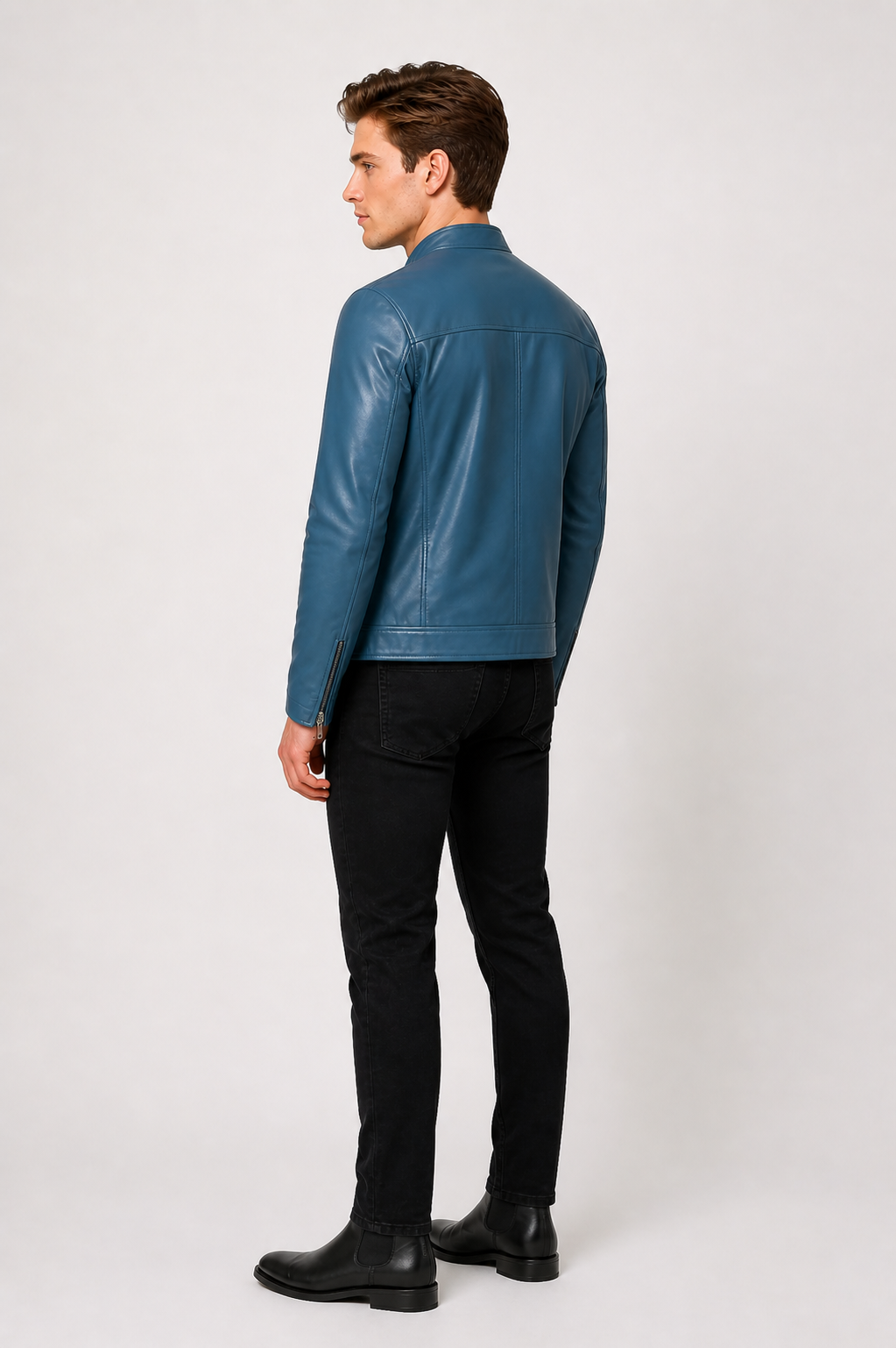 New Men Blue Leather Biker Jacket - Image 6
