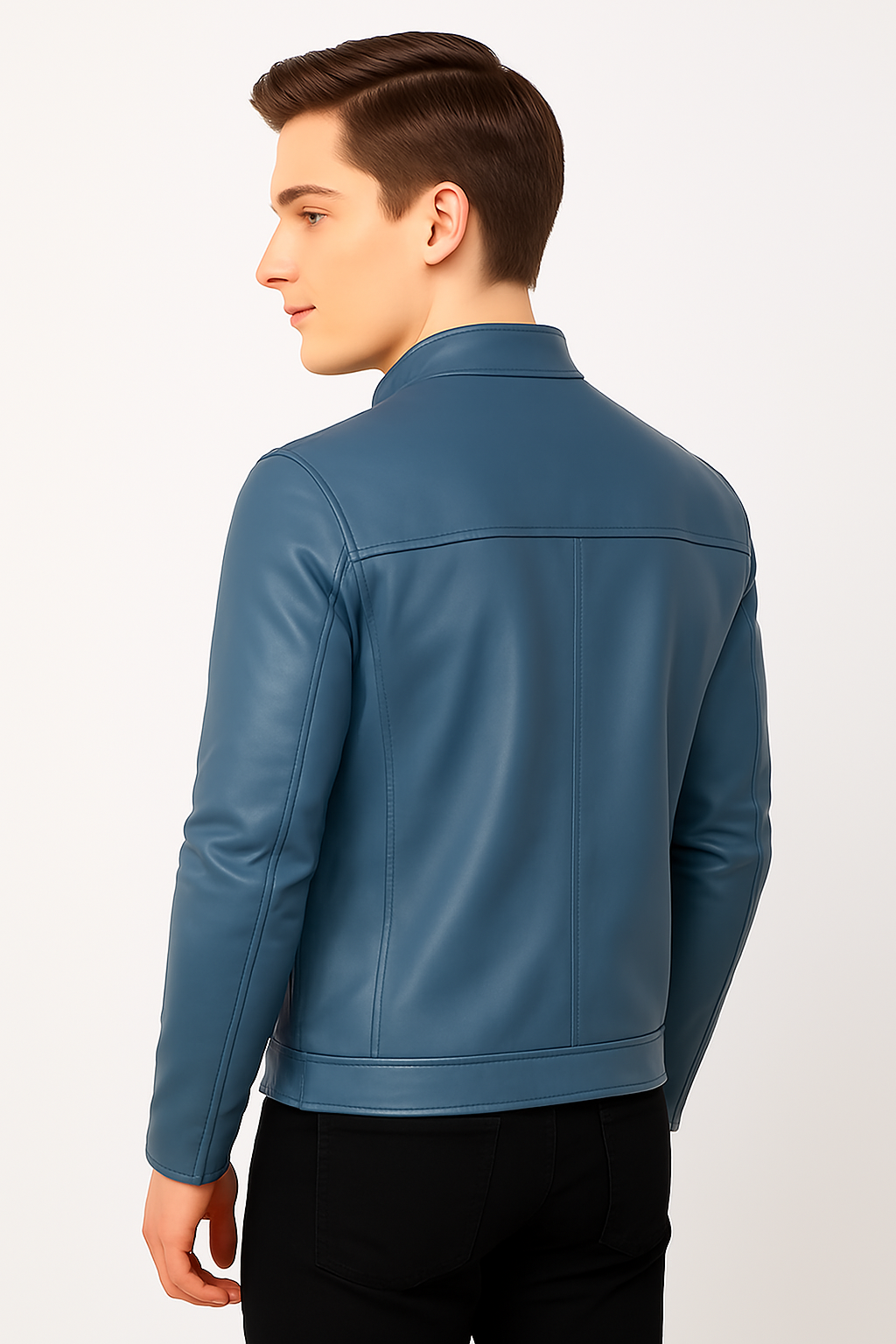 New Men Blue Leather Biker Jacket - Image 11