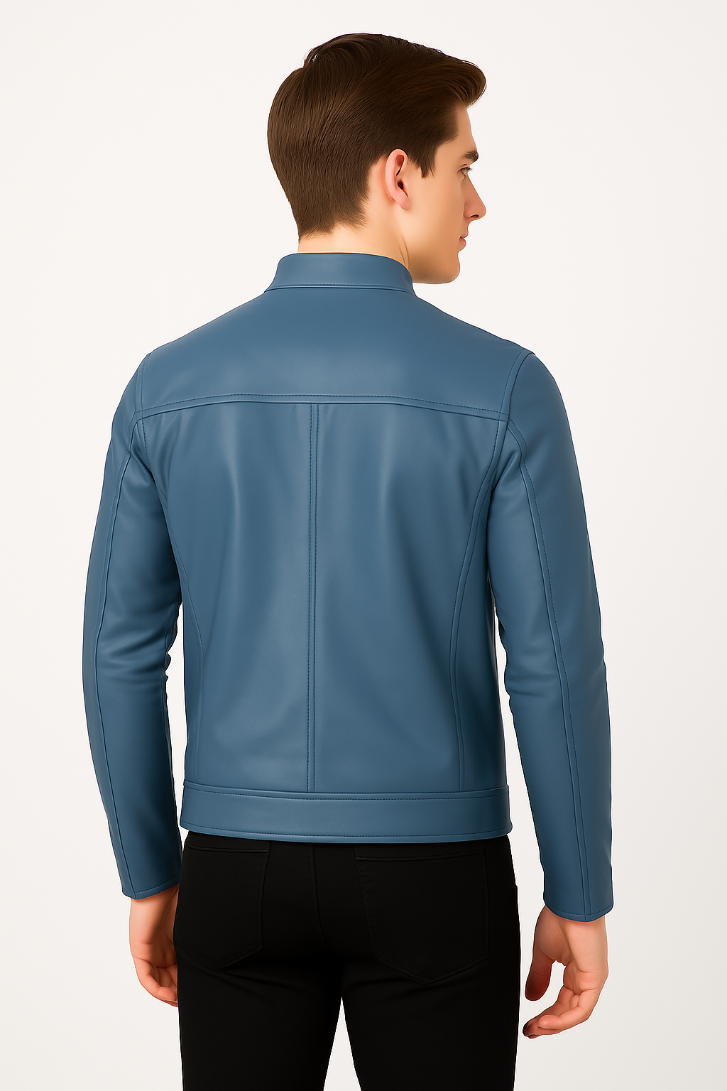 New Men Blue Leather Biker Jacket - Image 12