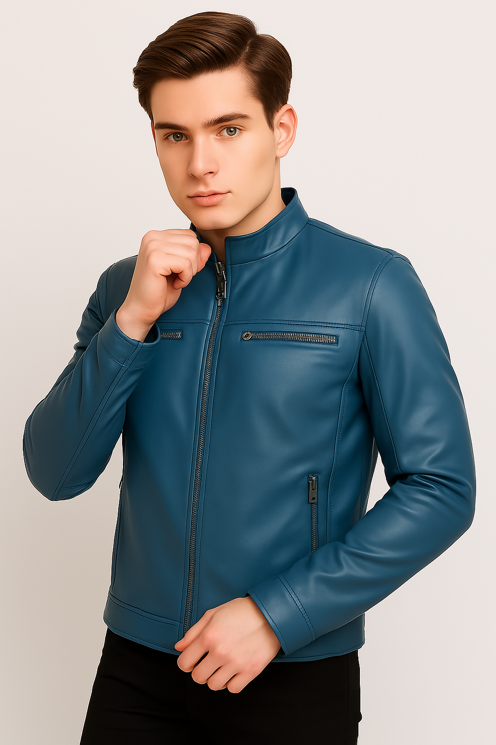 New Men Blue Leather Biker Jacket - Image 14