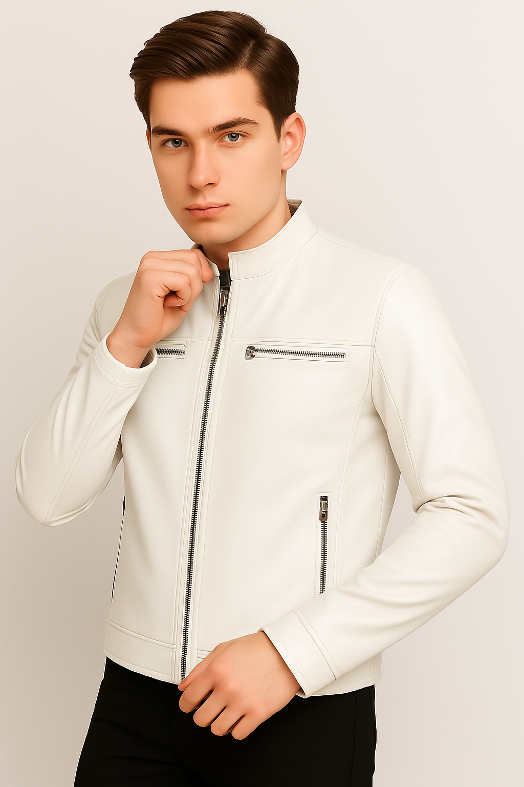 New Men Blue Leather Biker Jacket - Image 17