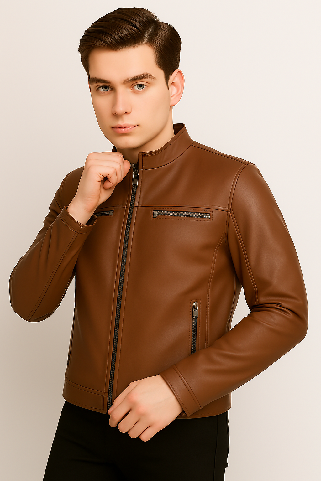 New Men Blue Leather Biker Jacket - Image 10