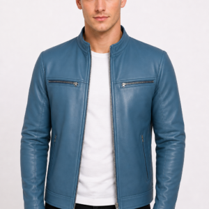 New Men Blue Leather Biker Jacket