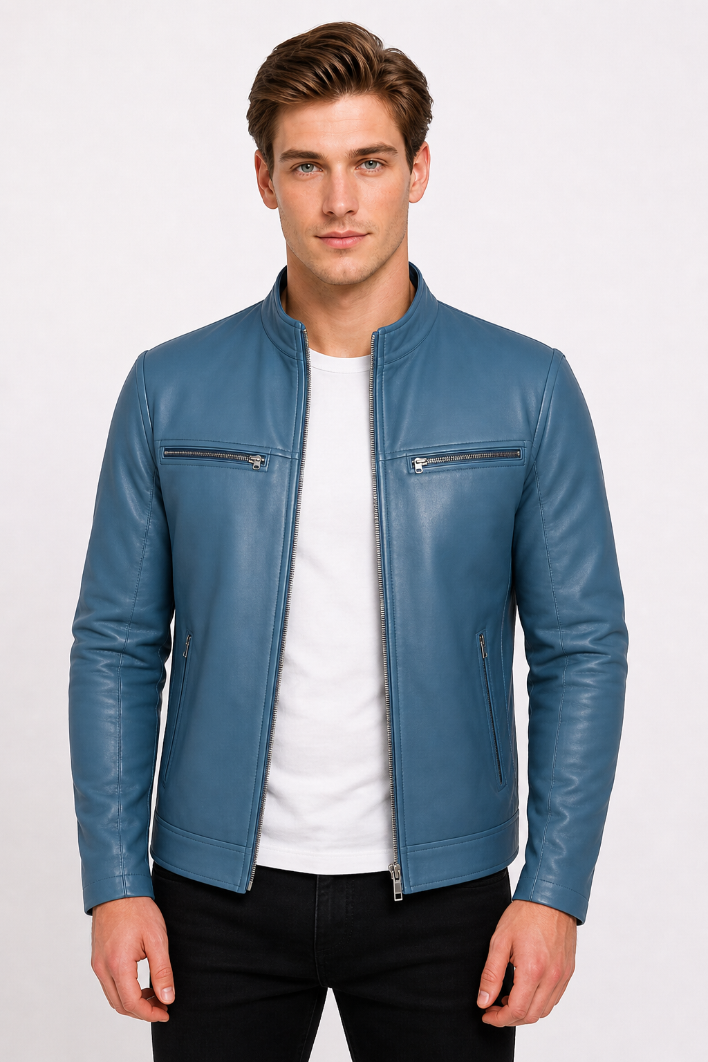 New Men Blue Leather Biker Jacket