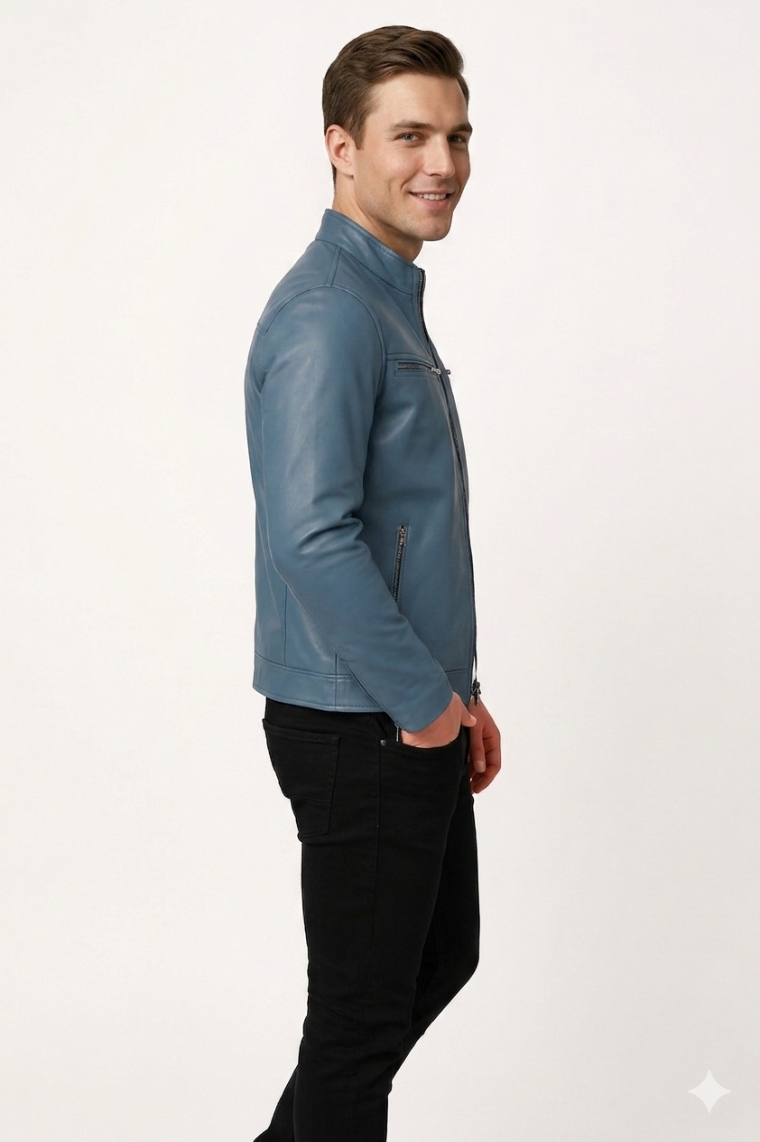 New Men Blue Leather Biker Jacket - Image 2