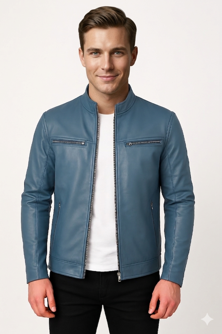 New Men Blue Leather Biker Jacket - Image 4