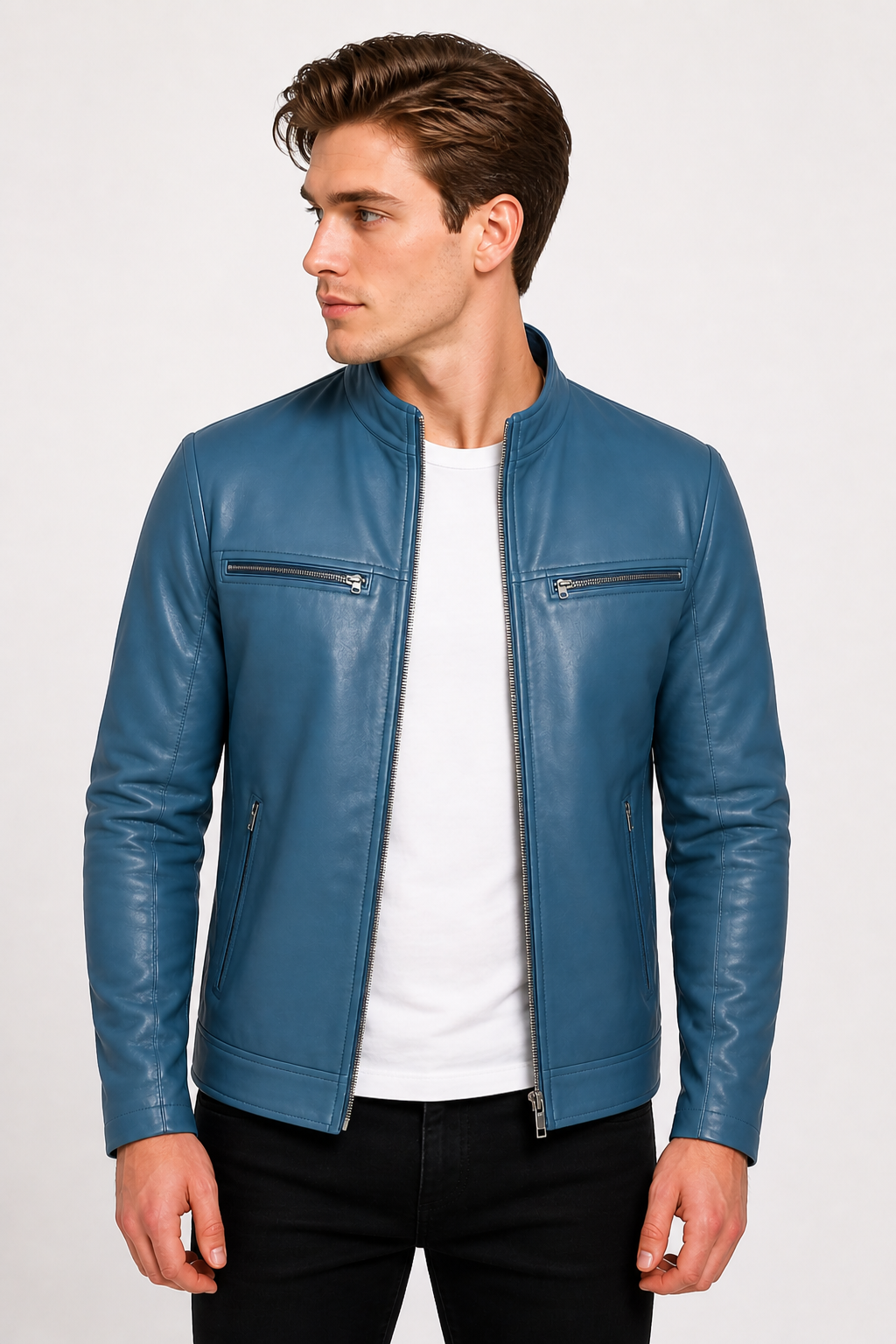 New Men Blue Leather Biker Jacket - Image 22
