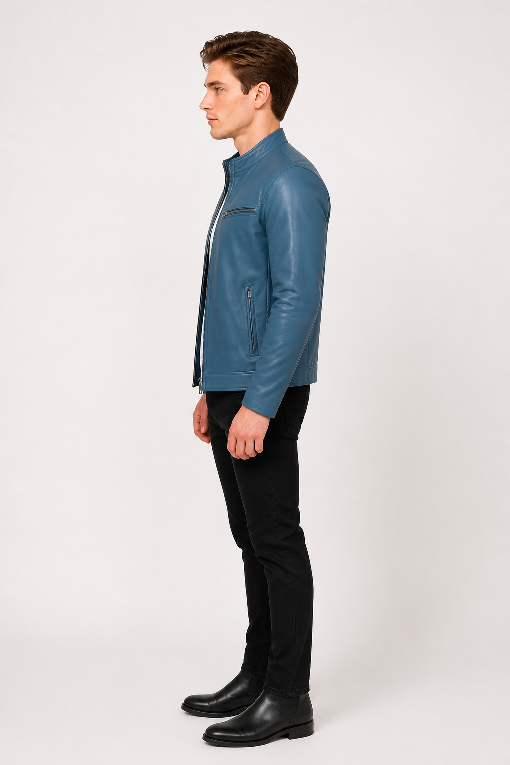 New Men Blue Leather Biker Jacket - Image 13