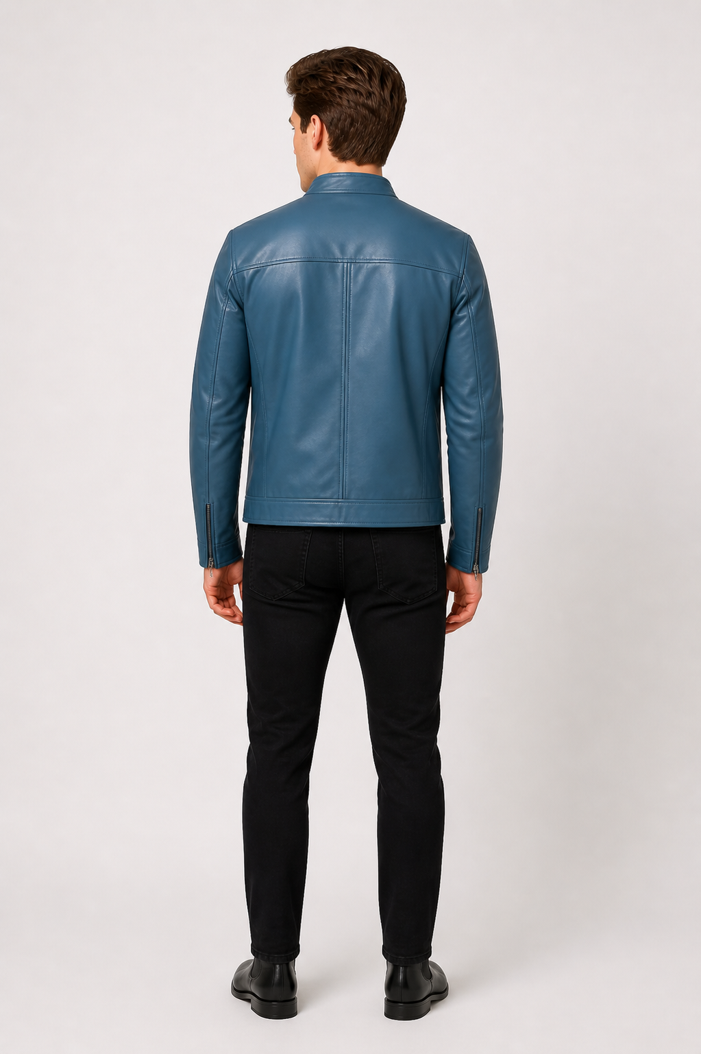 New Men Blue Leather Biker Jacket - Image 3