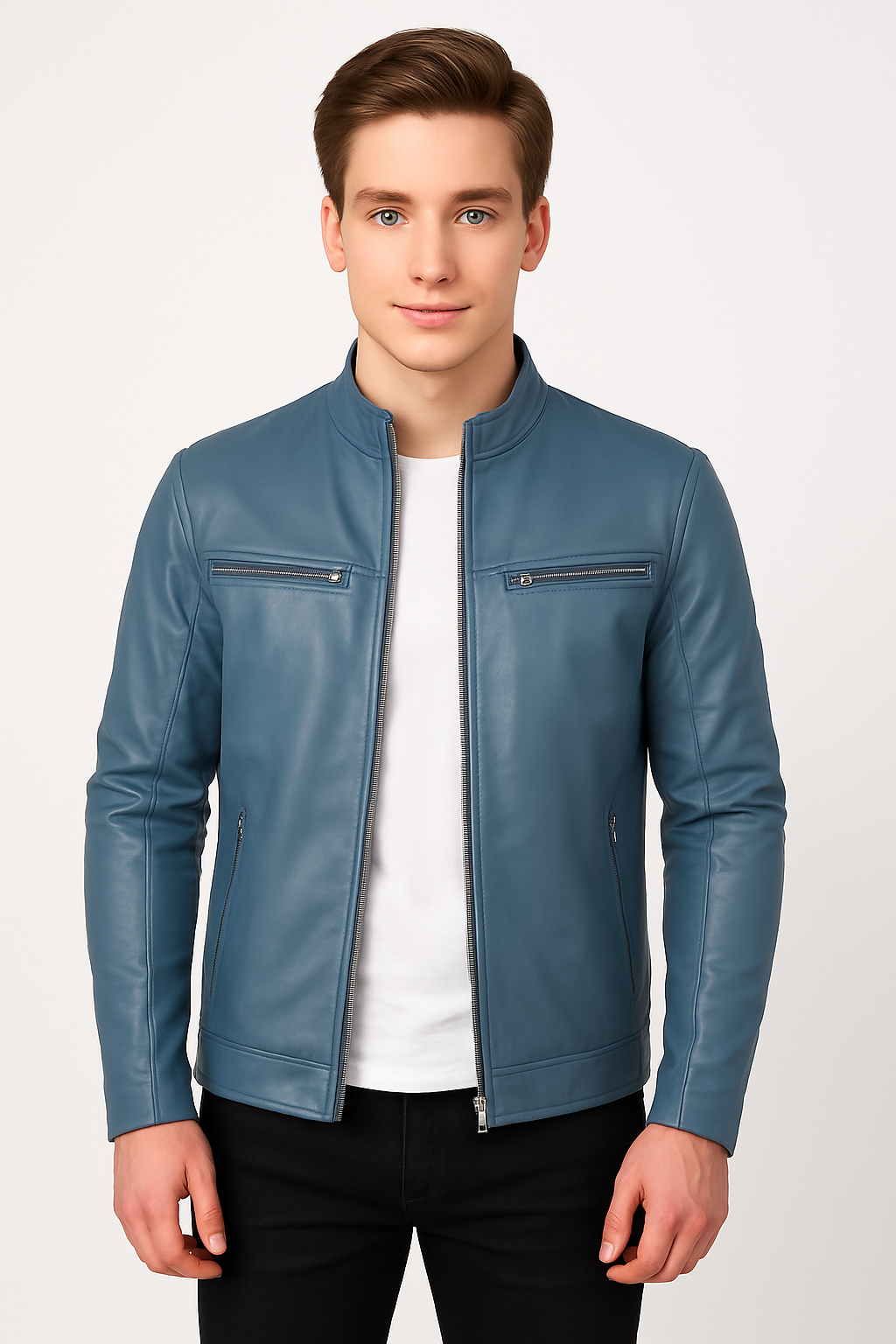 New Men Blue Leather Biker Jacket - Image 19