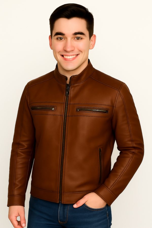 New Men Chocolate Brown Waxed Leather Jacket - Image 2