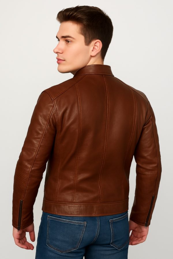 New Men Chocolate Brown Waxed Leather Jacket - Image 11