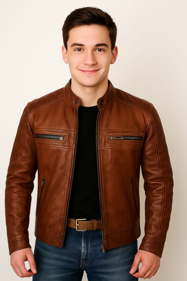 New Men Chocolate Brown Waxed Leather Jacket - Image 12