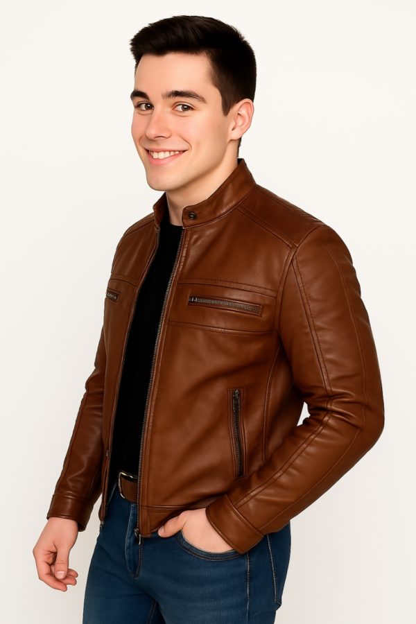 New Men Chocolate Brown Waxed Leather Jacket - Image 13