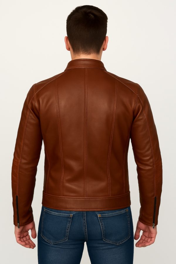New Men Chocolate Brown Waxed Leather Jacket - Image 14