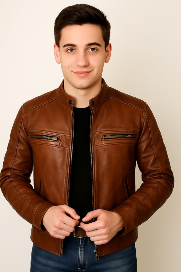 New Men Chocolate Brown Waxed Leather Jacket - Image 15