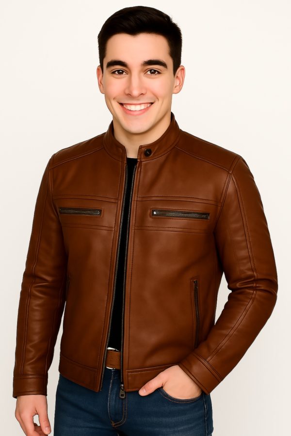 New Men Chocolate Brown Waxed Leather Jacket - Image 17