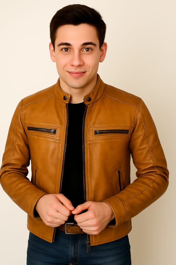 New Men Chocolate Brown Waxed Leather Jacket - Image 3