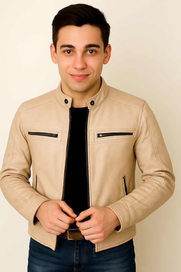 New Men Chocolate Brown Waxed Leather Jacket - Image 6