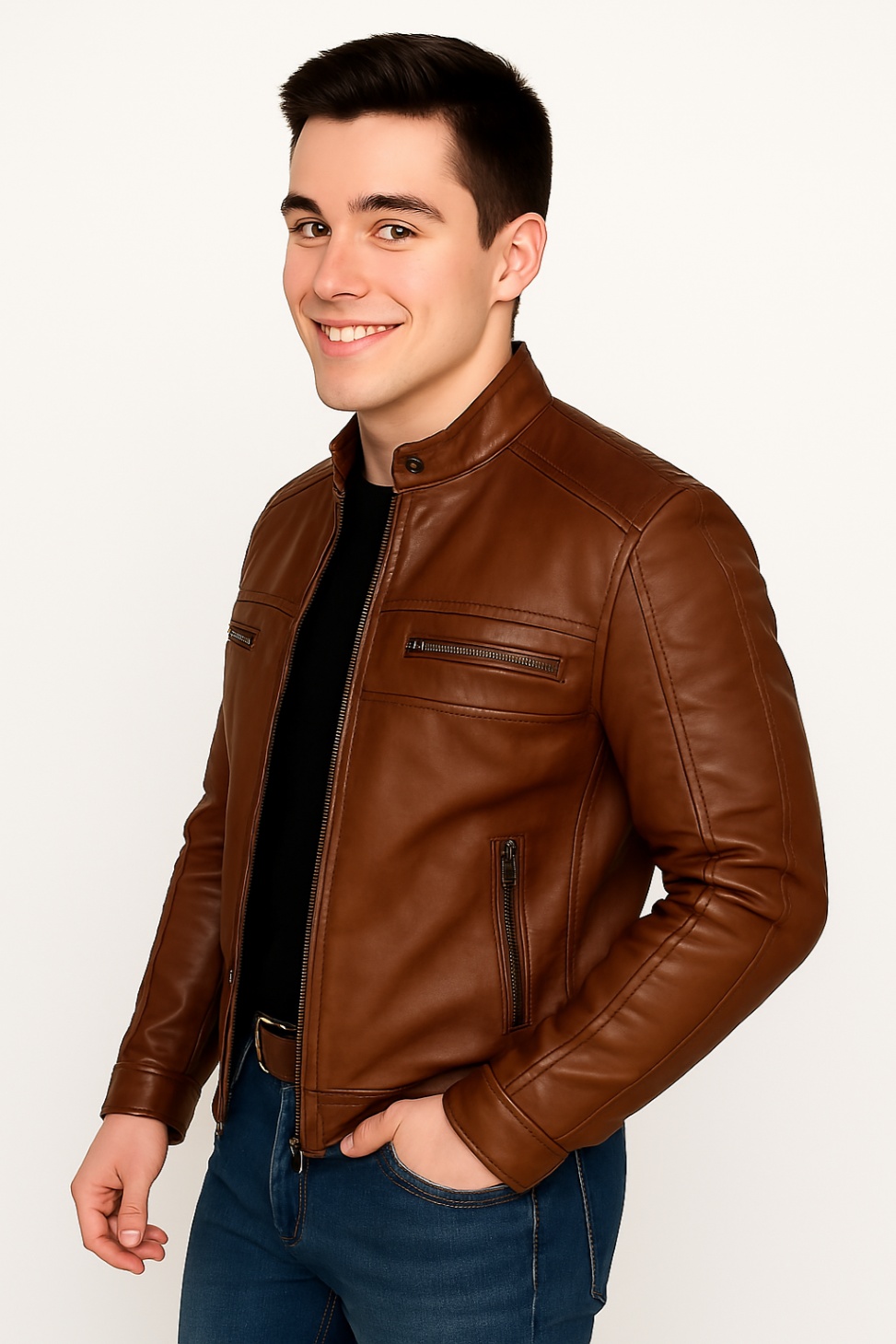 New Men Chocolate Brown Waxed Leather Jacket - Image 7