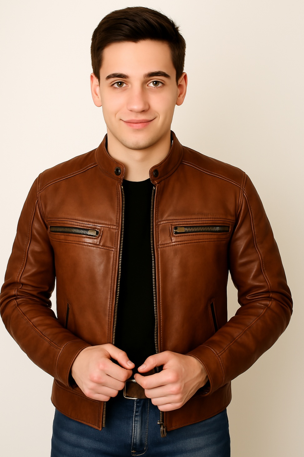 New Men Chocolate Brown Waxed Leather Jacket - Image 5