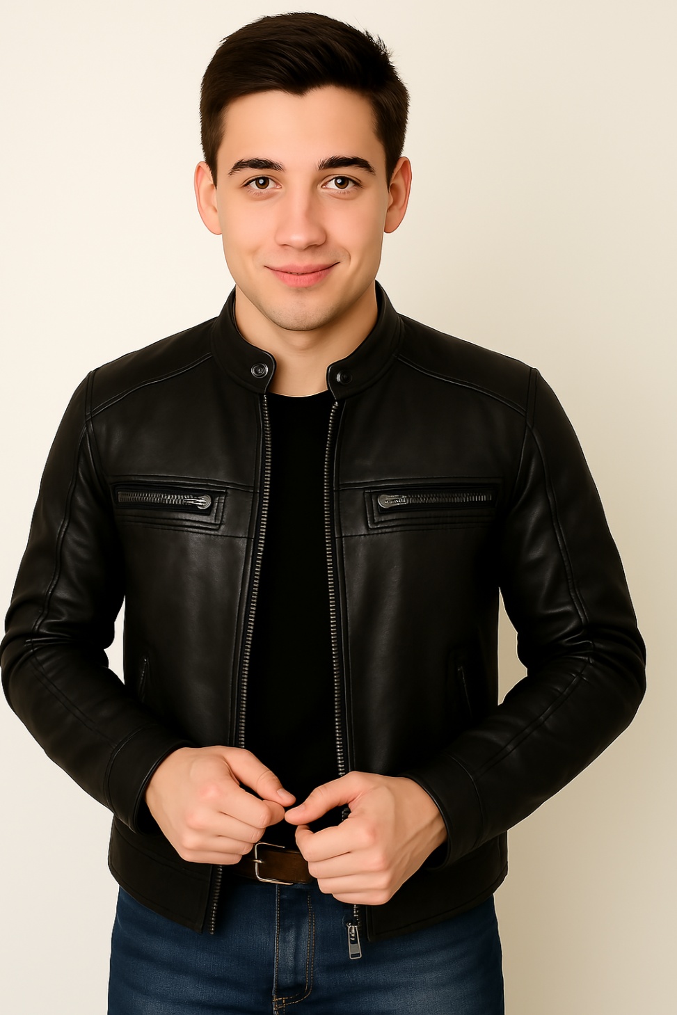 New Men Chocolate Brown Waxed Leather Jacket - Image 10