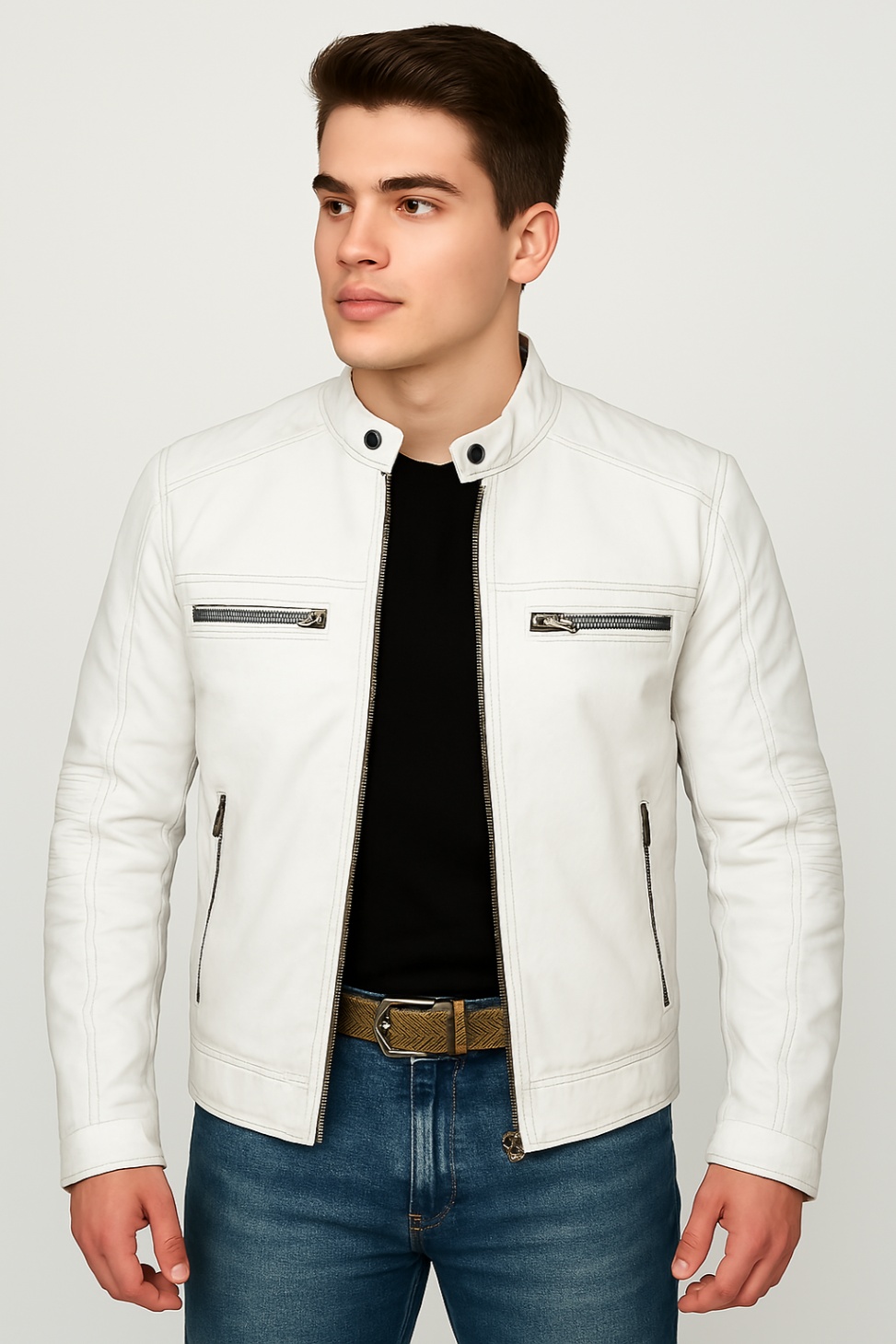 New Men Chocolate Brown Waxed Leather Jacket - Image 18