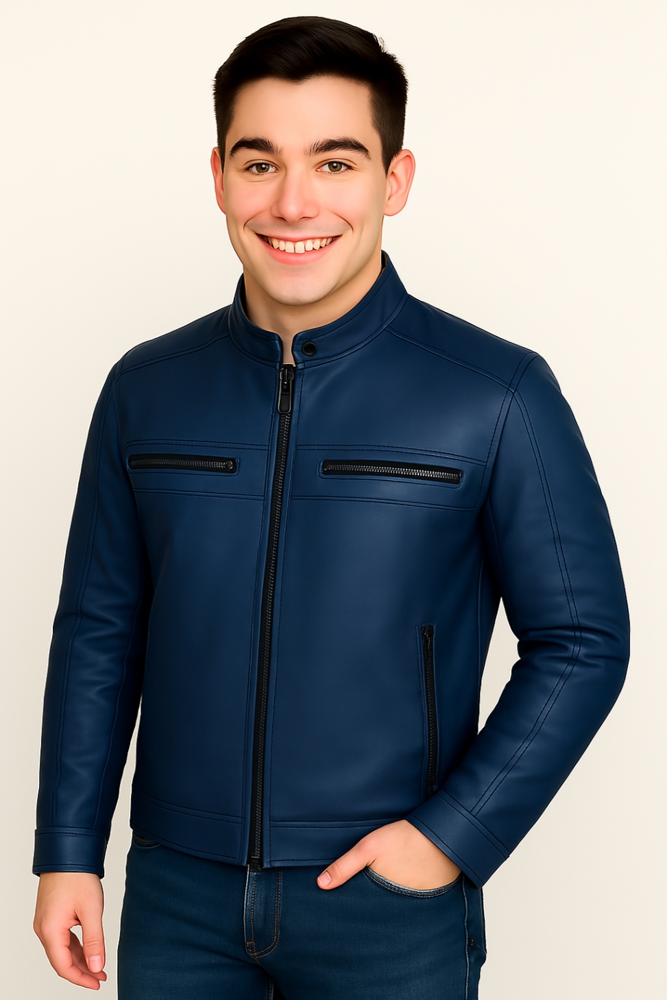 New Men Chocolate Brown Waxed Leather Jacket - Image 15