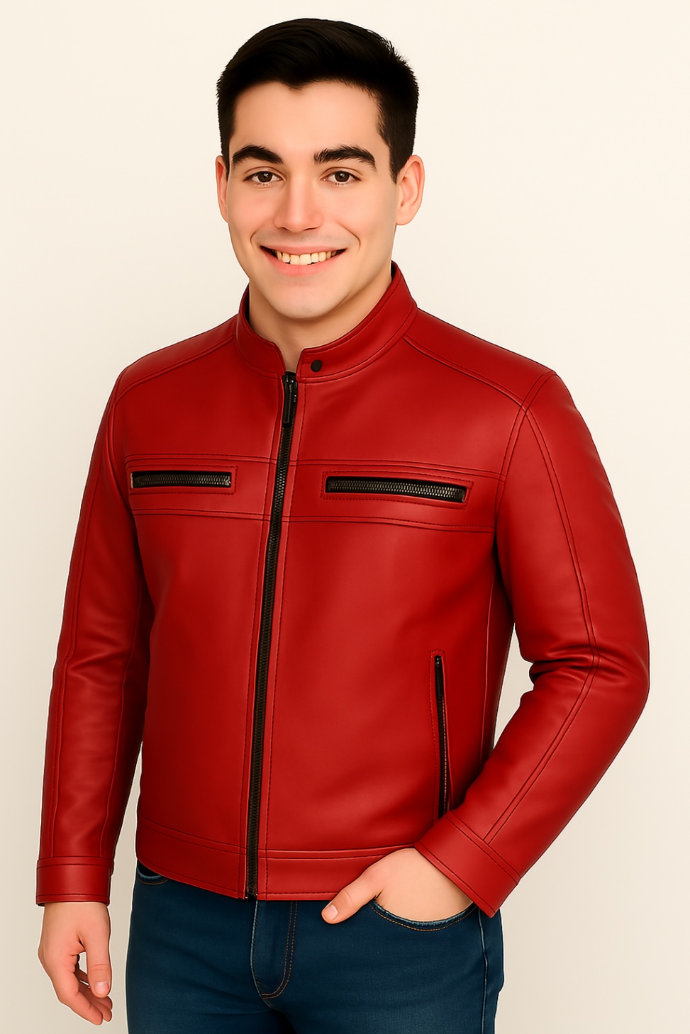 New Men Chocolate Brown Waxed Leather Jacket - Image 12