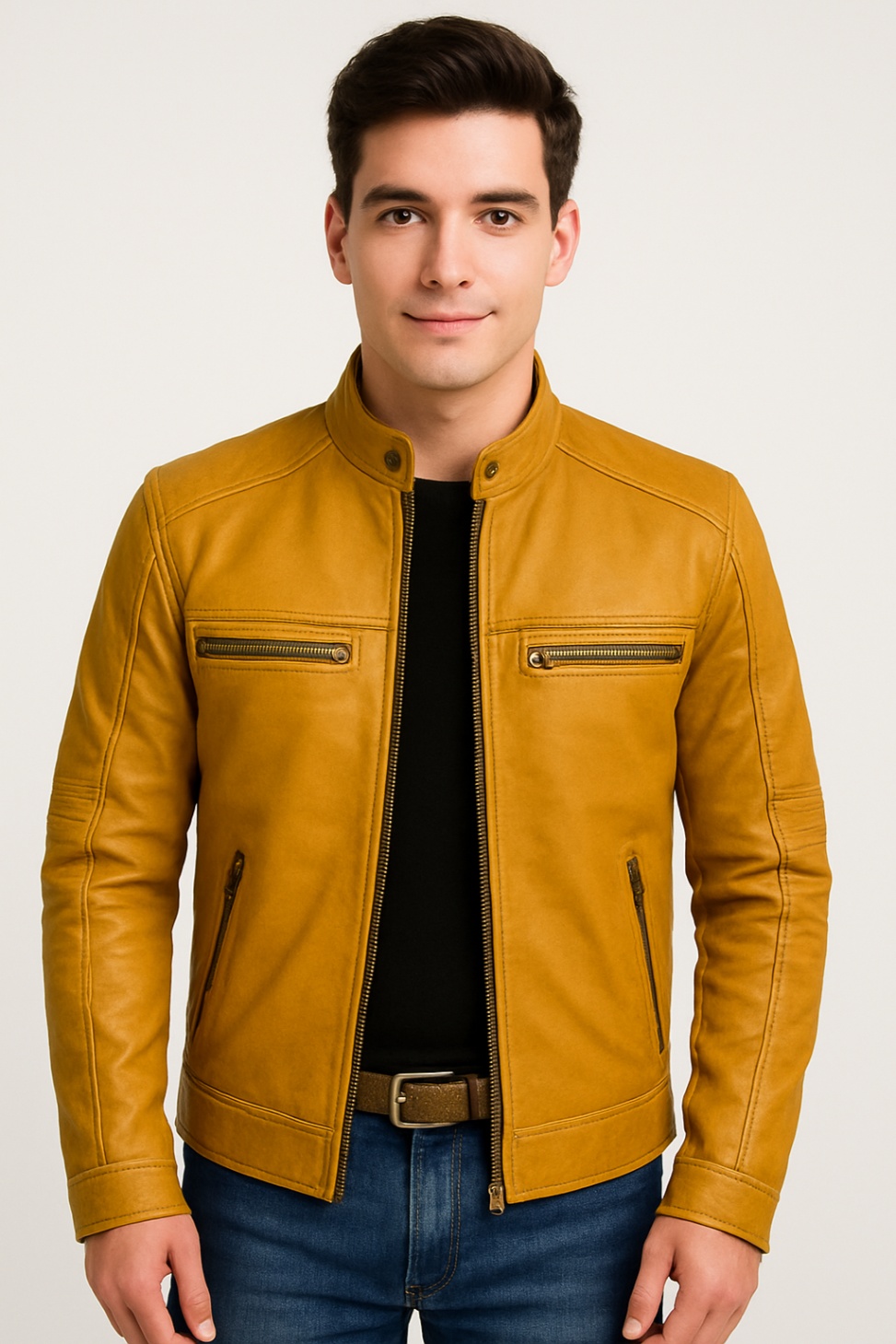 New Men Chocolate Brown Waxed Leather Jacket - Image 11