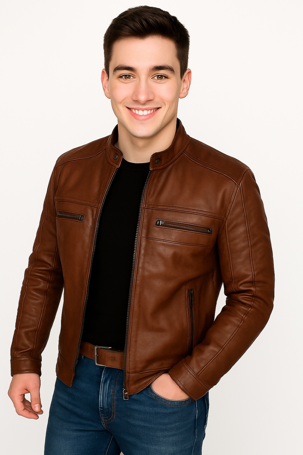 New Men Chocolate Brown Waxed Leather Jacket - Image 3