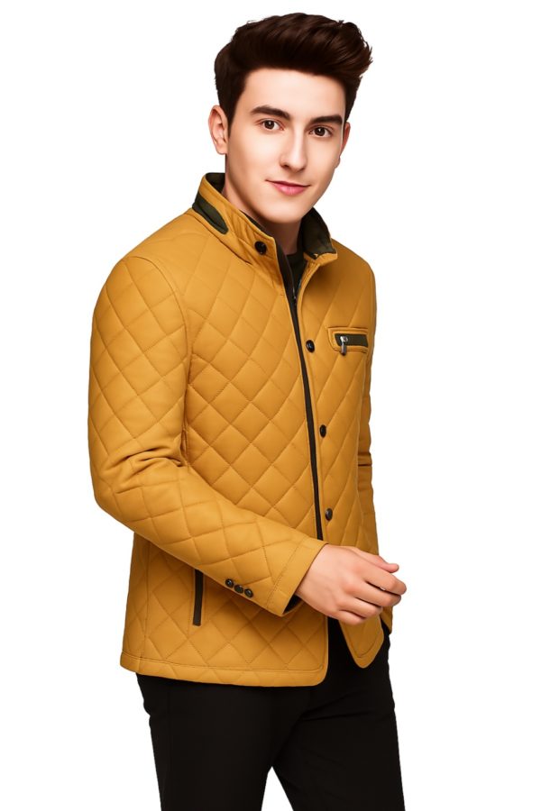 New Men Stylish Taffeta Quilted Leather Coat - Image 11
