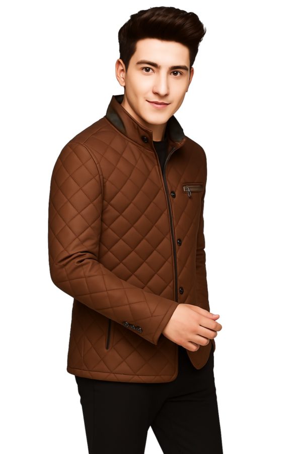 New Men Stylish Taffeta Quilted Leather Coat - Image 14