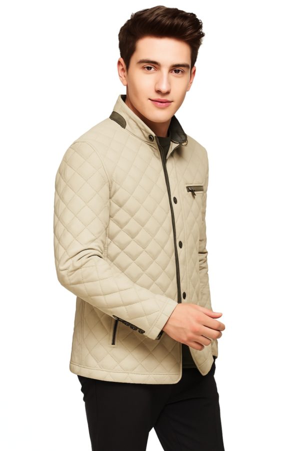 New Men Stylish Taffeta Quilted Leather Coat - Image 7