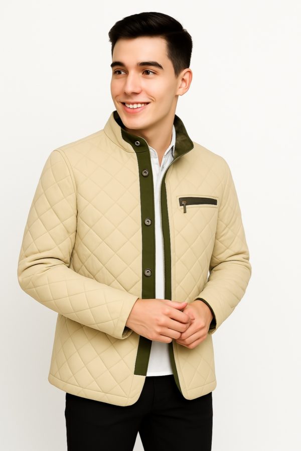 New Men Stylish Taffeta Quilted Leather Coat - Image 8